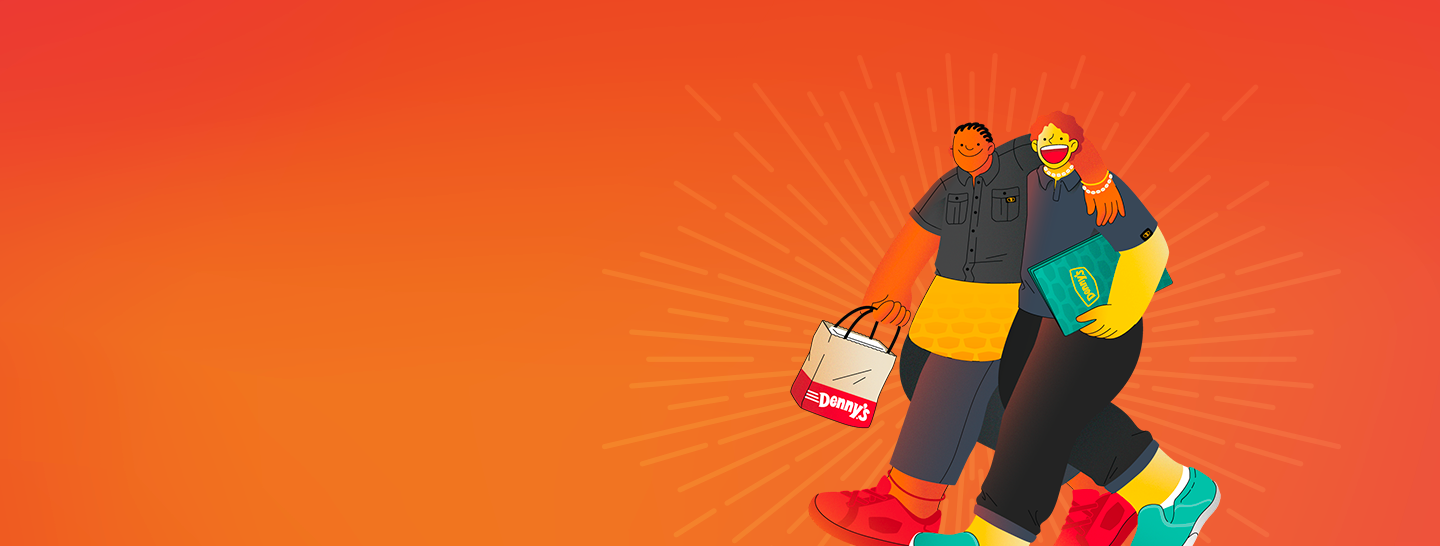 Two illustrated employees carrying Denny's takeout bags and a menu