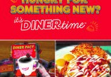 Denny's new AR menu and red, white, and blue pancakes with "Hungry for something new? It's Diner Time" text on a red background