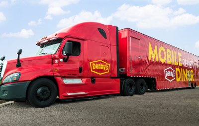 Denny's Mobile Relief Diner red truck